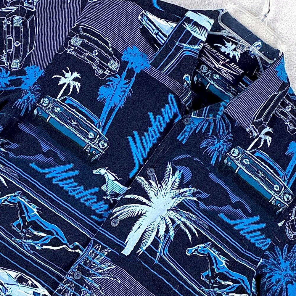 VTG Newport Blue Ford Mustang Hawaiian Shirt Mens M Blue Rayon Palm AOP Aloha